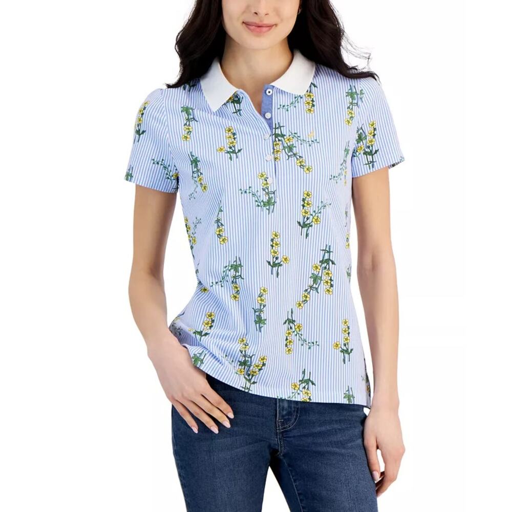 NWT Nautica Jeans Core Women's Floral-Print Short-Sleeve Polo Shirt - Blue - M